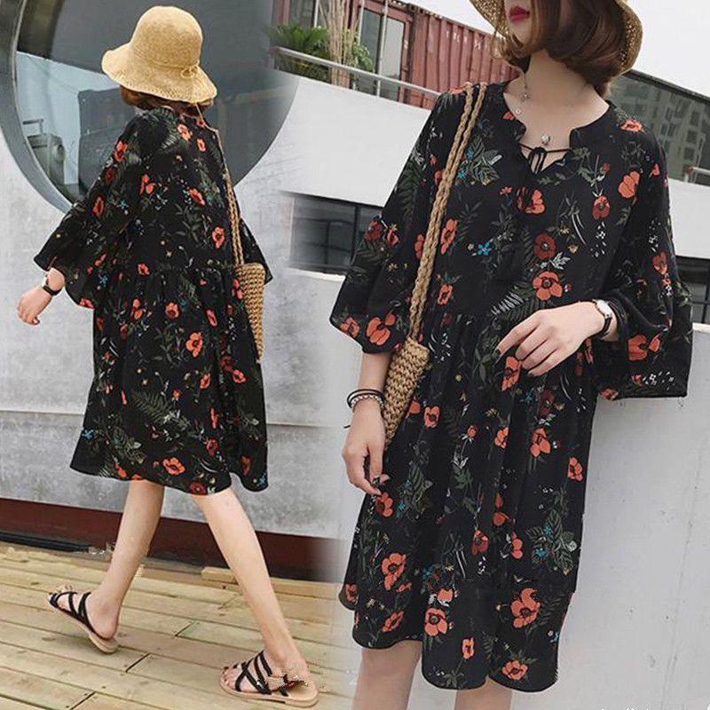 

Vintage Half Sleeve Flower Floral Black Dress Elegant Vestidos Casual Loose Ruffle Pregnant Dress1