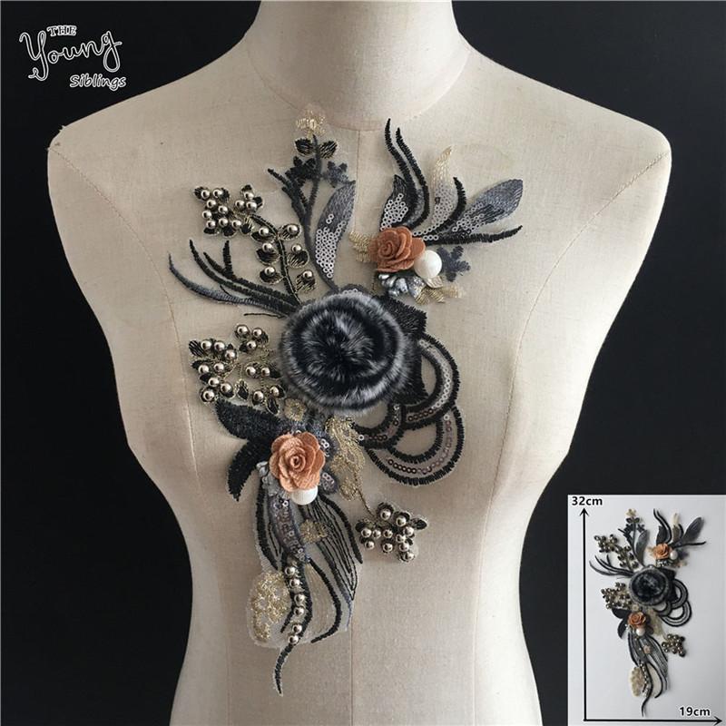

Belts 3D Flower Lace Embroidery Applique Collar Sequins Sewing Pearl DIY Trim Fabric Neckline Clothing Accessories Supplies, Black