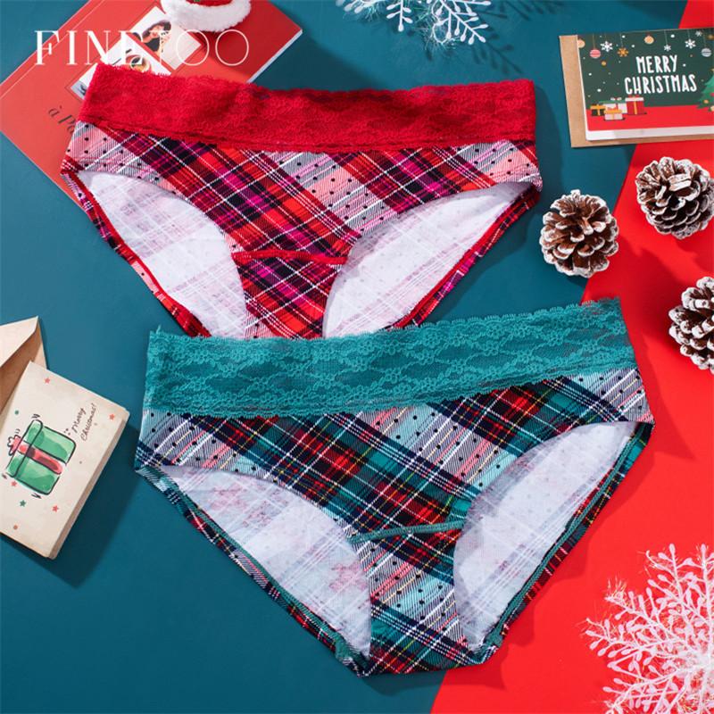 

FINETOO Women Briefs Merry Christmas Panties -XL Female Underpants Red Green Plaid Underwear Lace Panty Fashion Girls Lingerie, Style 2 green