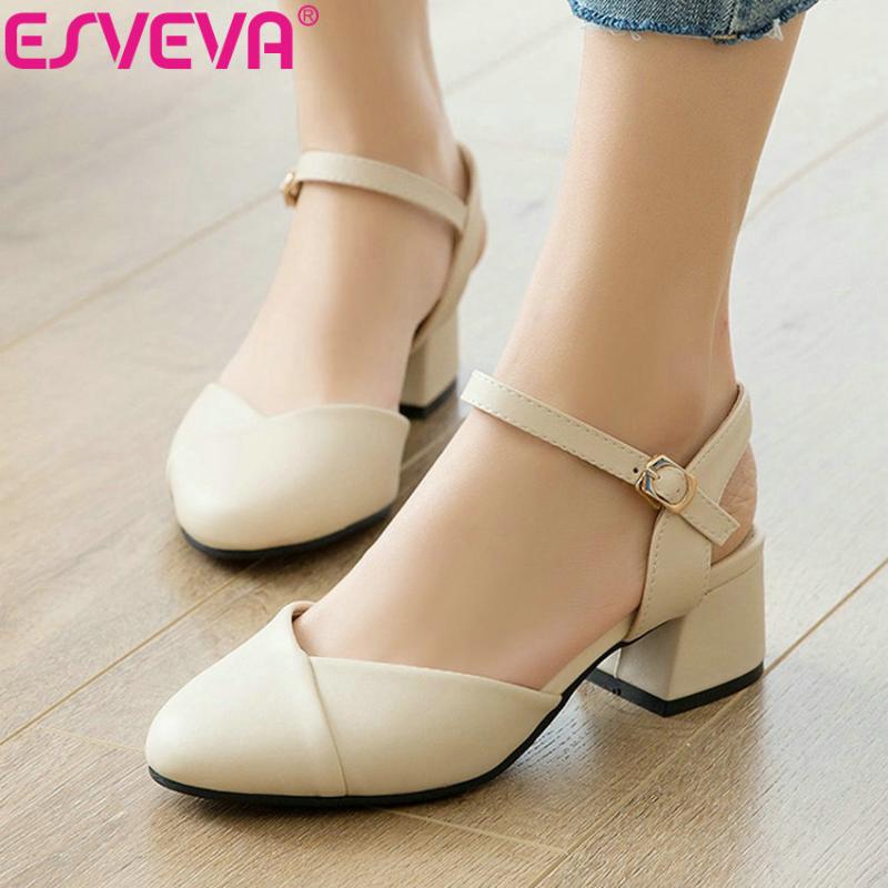 

ESVEVA 2021 Women Pumps Elegant Round Toe PU Buckle Strap Med Heels Two-piece Square Heels Sandals Ladies Shoes Pumps Size 34-43, Beige