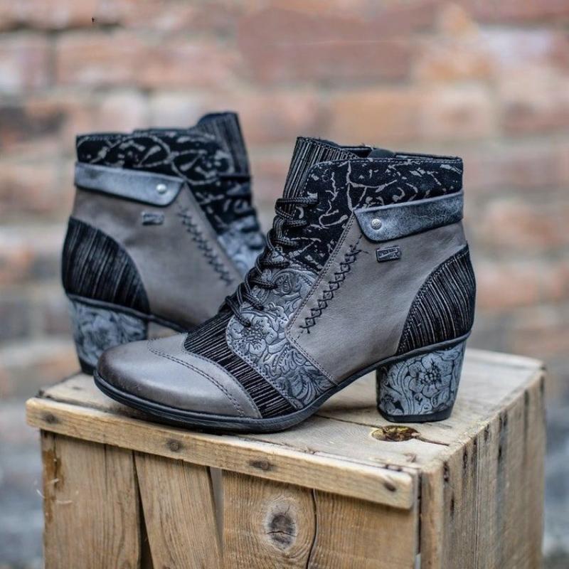 

Boots Woman 2022 Autumn Retro Printing Black Women Plus Size Heeled Ankle Side Zipper Booties Botas De Mujer