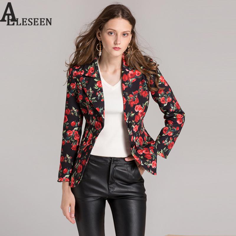 

European Slim Career 2020 Women New Autumn Full Sleeve Luxury Rose Print Pocket Button Lapel Fashion Designer Fitted Jacket, As photo