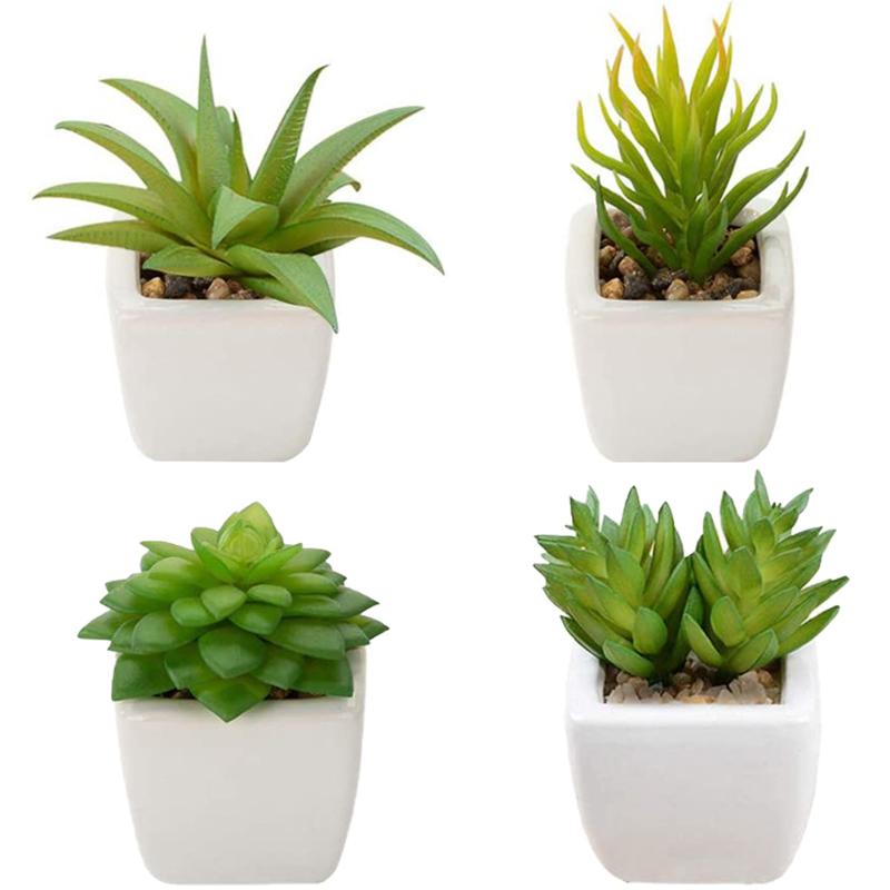 

Fake Imitation Potted Succulents Artificial Potted Succulent Plants Lifelike Small Plants with White Square Ceramic Pots 4 PCS, Green
