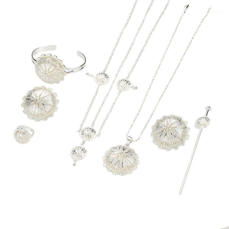 

Earrings & Necklace 6 Pieces Gold Bridal Ethiopian Habesha Wedding Jewelry Set Hollow Pendant Women Choker Ring Hair Stick Bangles, Silver