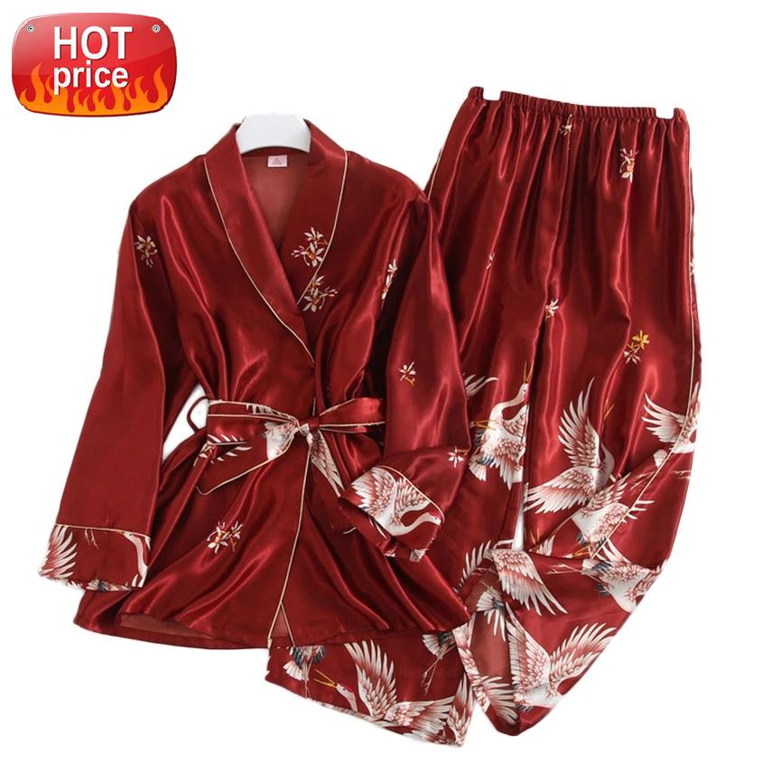 

Fashion Crane Print Pajamas Set Women Clothing Plus Size Lingerie Summer Satin Silk Japanese Kimono Yukata Sleep Homewear Pjs #wY77, Black;white