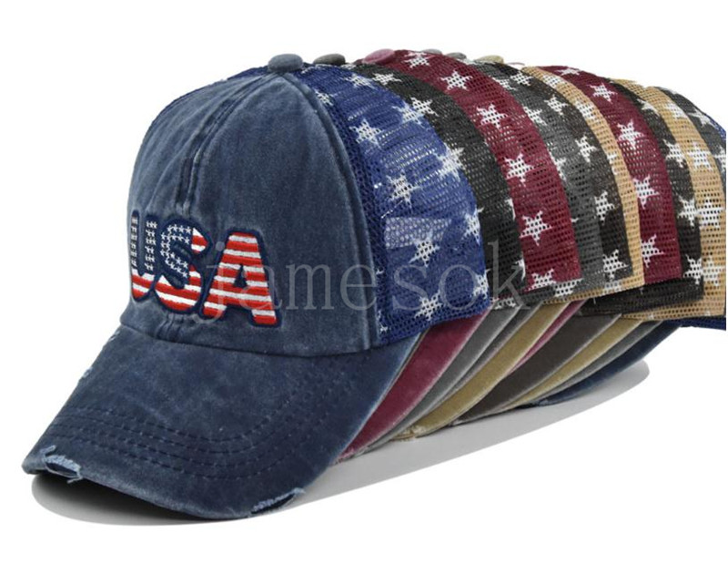 

USA Cowboy Hats Trump American Baseball Caps Washed Distressed US Flags Stars Mesh Cap Sunshade Party Hat de192, Multi