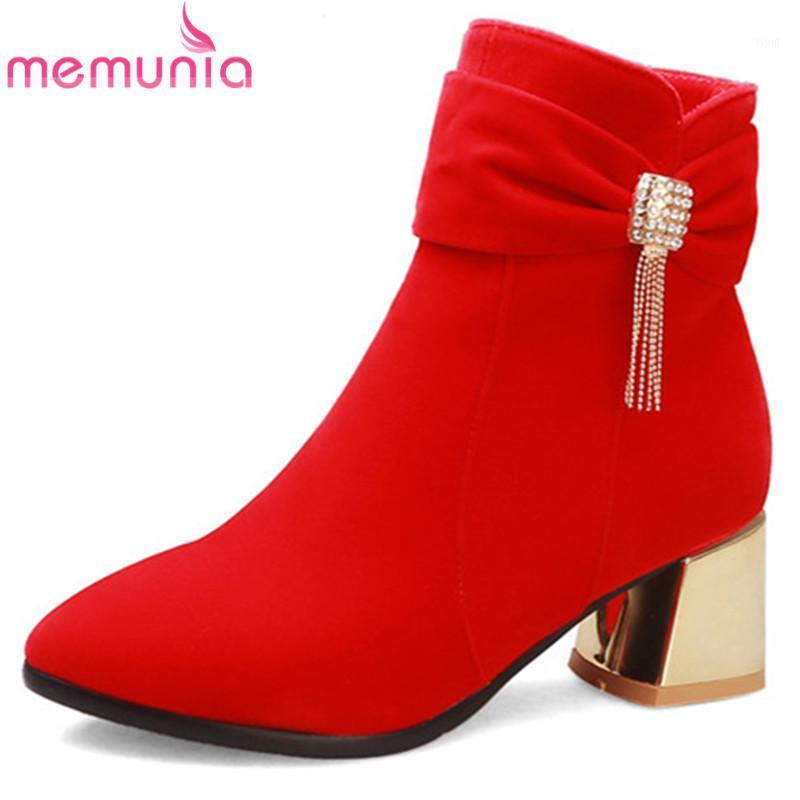 

MEMUNIA 2020 hot sale ankle boots women round toe zipper crystal high heels party wedding shoes autumn winter short boots woman1, Black