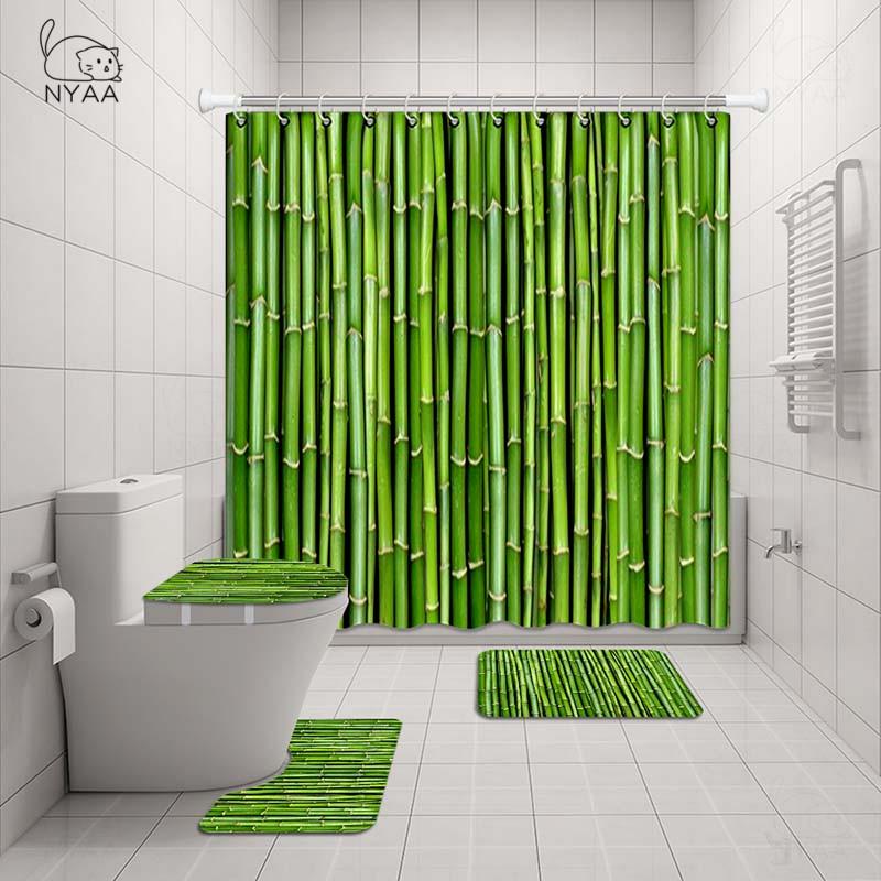 

Nyaa 3D Green Bamboo Bathroom Waterproof Shower Curtain Set Pedestal Rug Lid Carpet Toilet Cover Set Bath Curtain Mat