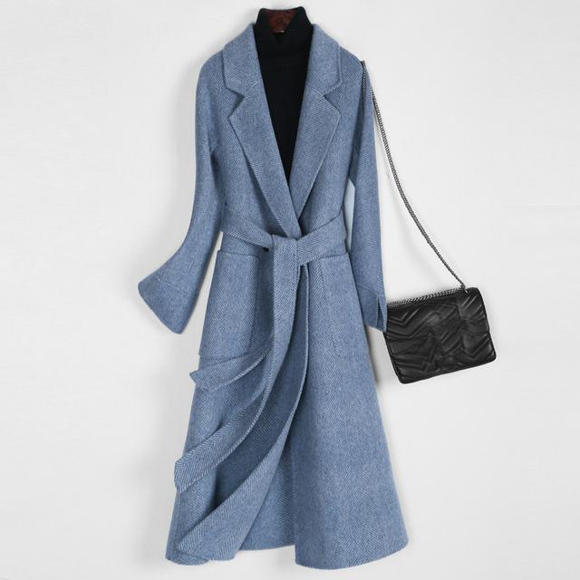 

2020 New Autumn Winter Jacket Women Fashion Double Side Woolen Long Coats Real Wool Coat Female Jacket PP056, Blue