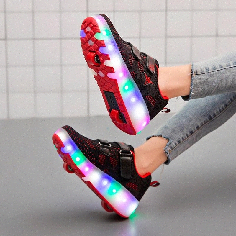 

LED Light Up Wheel Sneakers for Kids Boys Girls USB Glowing Roller Shoes with Double Wheels Children Boy Girl Skate Tennis Shoes #nK42