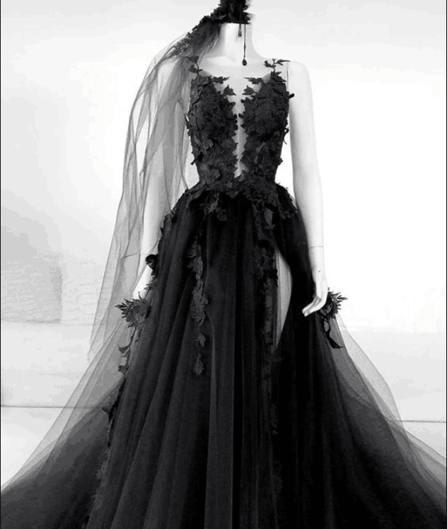 

Black Tulle Flowers Prom Dresses 2020 Sheer Neck Back High Split Side Formal Evening Party Ball Gown Dress Robe De Soiree, Khaki