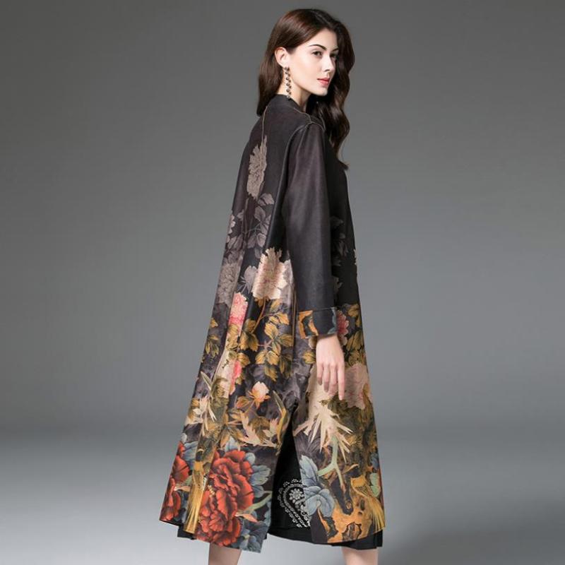 

Long Suede trench plus size printed windbreaker kimono female oversize chinese retro trench outerwear with cover buttons wq1458, Black