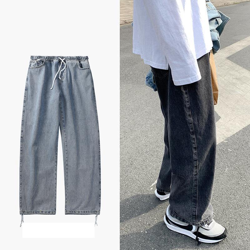 

Fall Winter Jeans Men' Wide-Leg Loose Straight Trousers Waist-Drawstring 2020 Fashion Pants Male Daddy Pants, Black