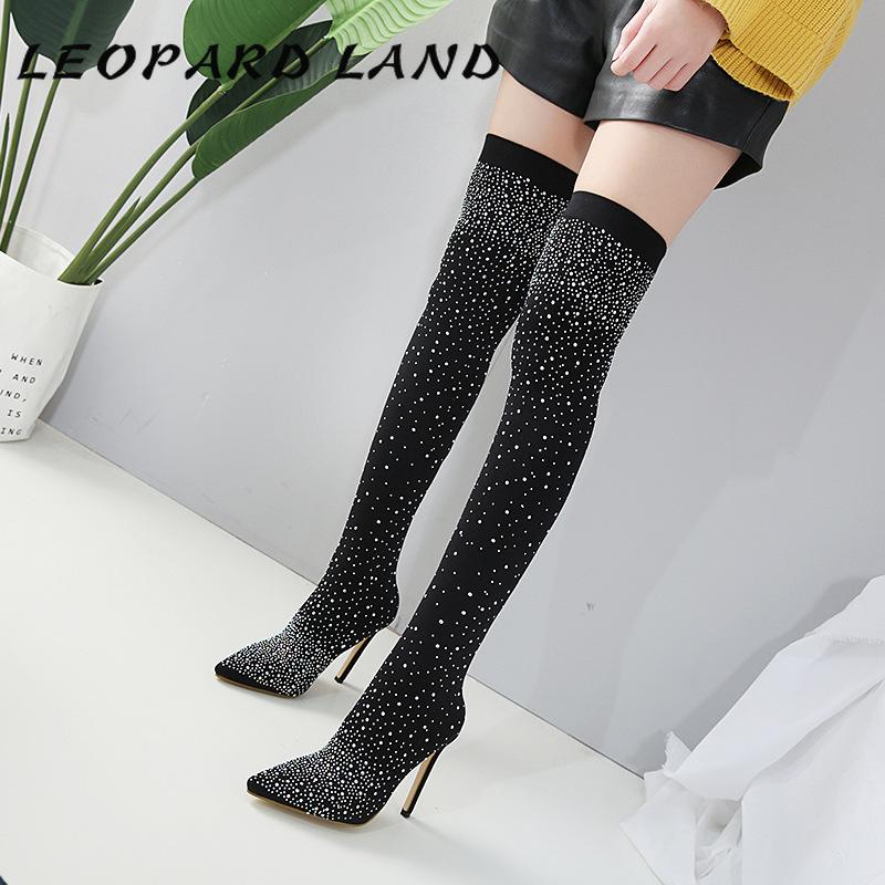 

LEOPARD LAND 2020 Spring Women Black Point Toe Sexy Nightclub High Heels Pointed Drill High Heel Boots Shiny 35-43 WBL