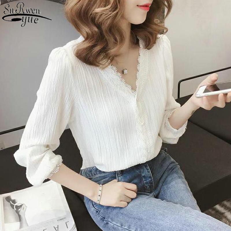 

2020 Autumn Striped Lace Shirts Long Sleeve Single Breasted Shirts V-Neck Puff Sleeve Solid Women's Blouse Plus Size 3XL 11087, Yellow