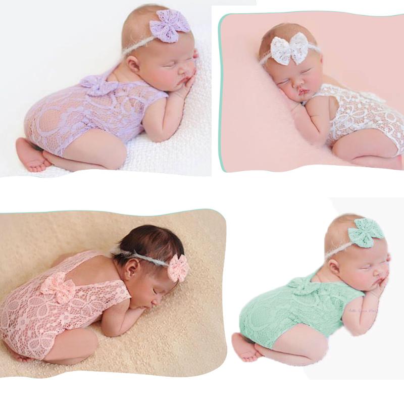 

Newborn Baby Girl Boy Lace Floral Bodysuits+ Bow Headband Baby Photo Photography Props Costume Lace Stretch Clothes Outfit, Beige