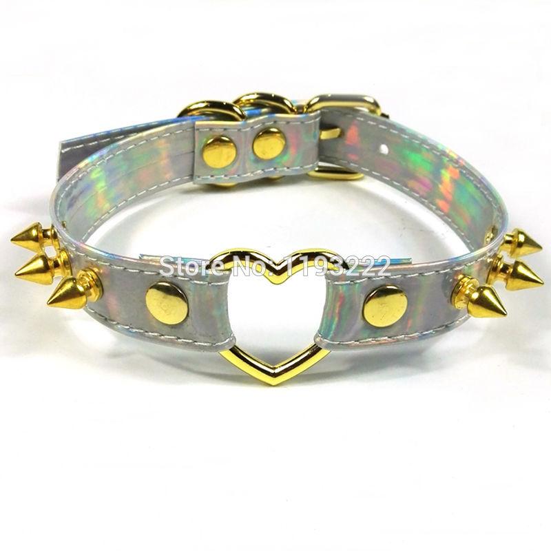 

Harajuku Lolita Handmade Women's Holographic Choker Gold Metal Spikes Collar Spiked Studded Heart Shaped Buckle Laser Necklace