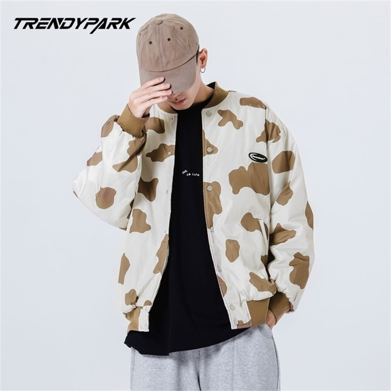 

Men Hip Hop Bomber Jacket Windbreaker Streetwear Cow Pattern Retro Harajuku Warm Coat Pocket Baseball Track Jacket Coat 201118, Khaki
