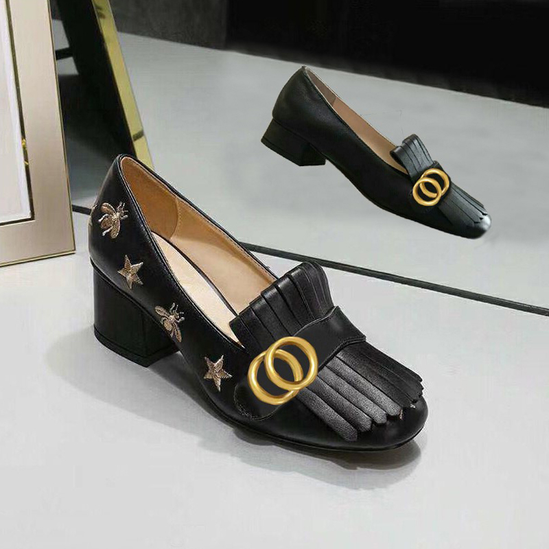 

Classic Mid heeled boat shoe womens Designer shoe leather Thick heel high heels 100% cowhide Tassels Round head Metal Button women Dress shoes Large size 34-42 us4-us11, Black-suede[5cm]