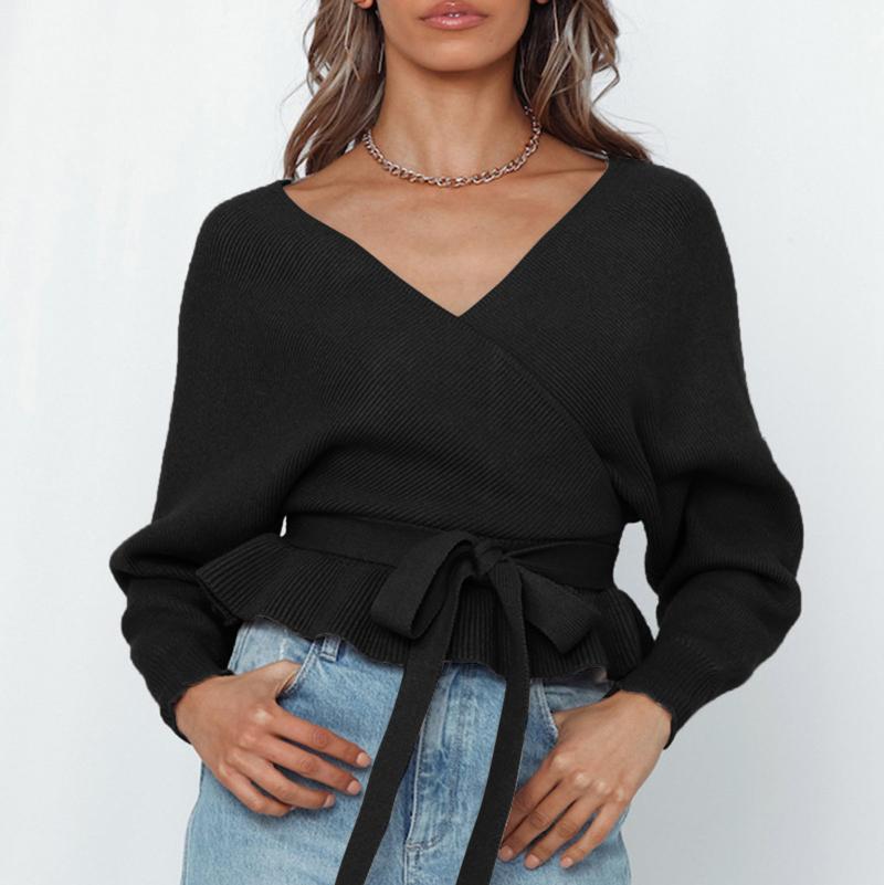 

belt Sweaters Woman Tight-Fitting V-neck Pleated Knit Long Sleeve Pullover Top ropa mujer invierno 2021 sexy party Sweaters, Black
