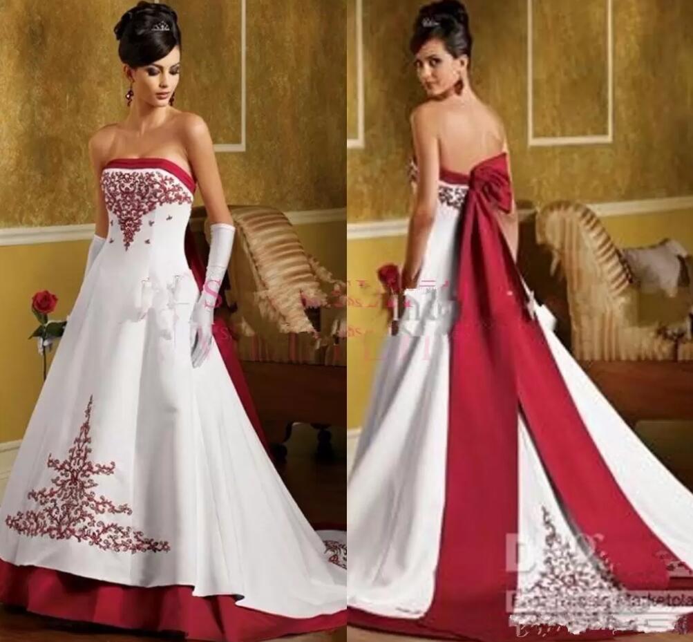

Vintage Red and White Wedding Dresses 2022 Strapless Lace Embroidery Beaded Gothic Sweep Train lace-up Bride Wedding Gown with Bow VOG343