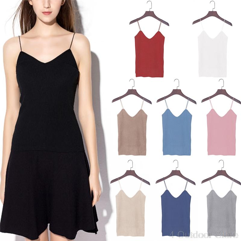 

Knitted Tank Tops Women Camisole Vest Simple Stretchable VNeck Slim Sexy Strappy O01 20 Dropshipping, As the picture shows