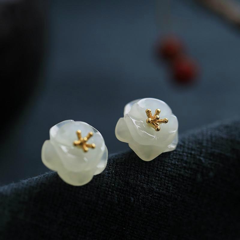 

Natural Hotan Baiyushan Camellia Earrings Chinese style retro designer original craft small exquisite fairy accessories