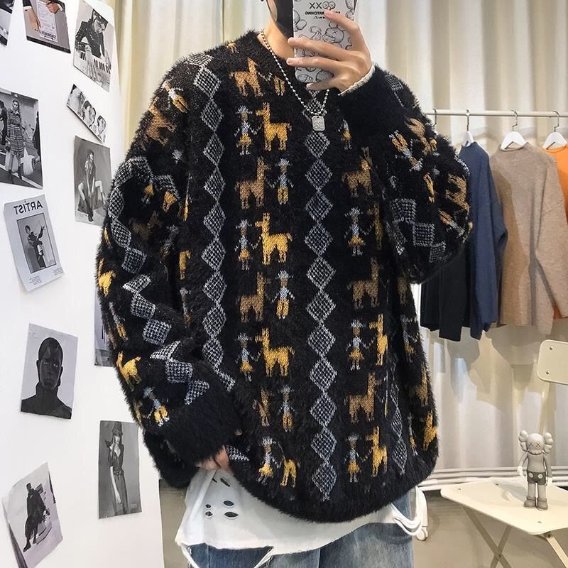 

2021 High quality Autumn Winter Round Neck Lazy Wind Thick Male Trend Students Sleeve Sweater YO68
