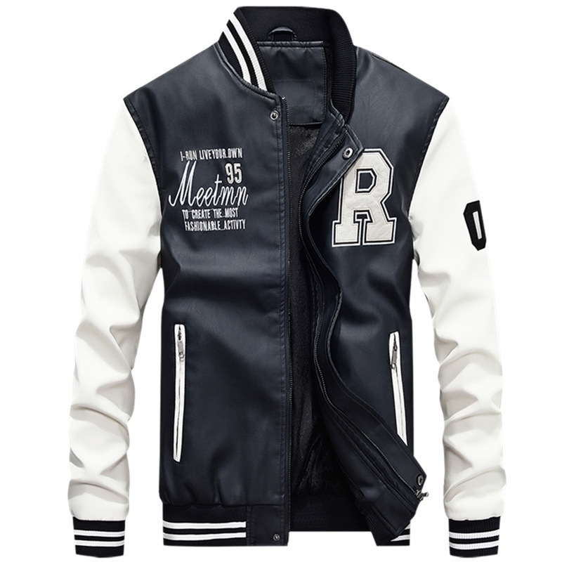 

CYSINCOS Jacket Men Embroidery Baseball Jackets PU Leather Coat Slim Fit Luxury Fleece Motorcycle Pilot Jackets Casaco Masculino T200502, Color 4