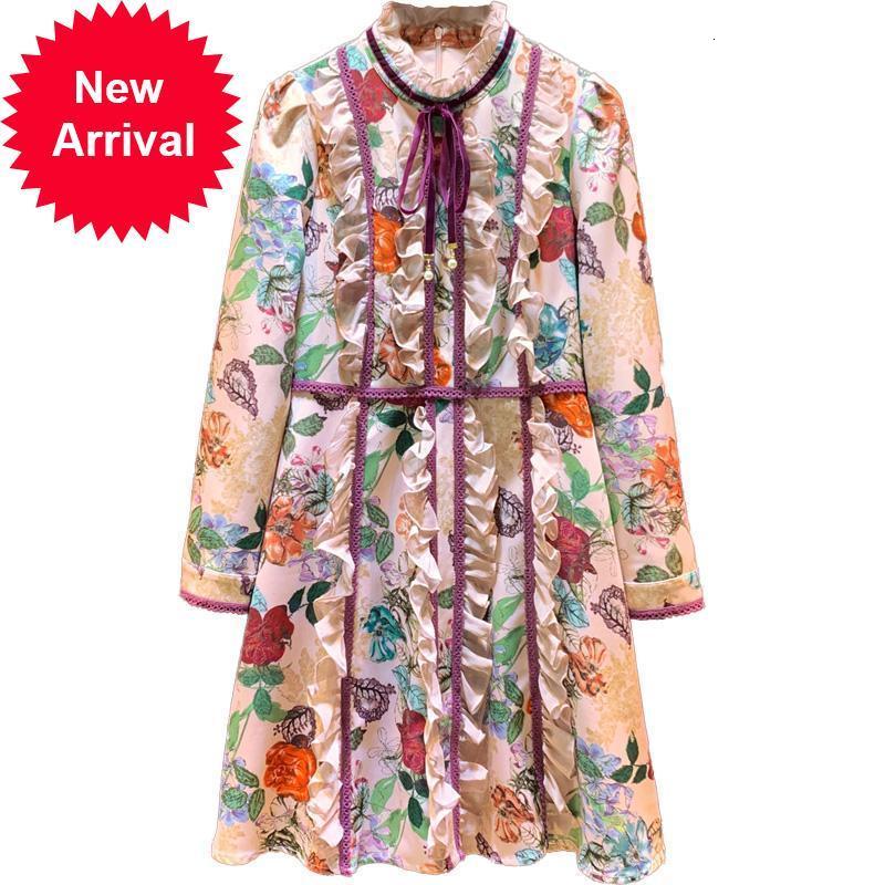 

New High 2021 Quality Runway Women' Party Clothes Spring Summer New Vintage Printout Frilly Long Sleeve Thin Pink Chiffion Dress ANCH, Blue