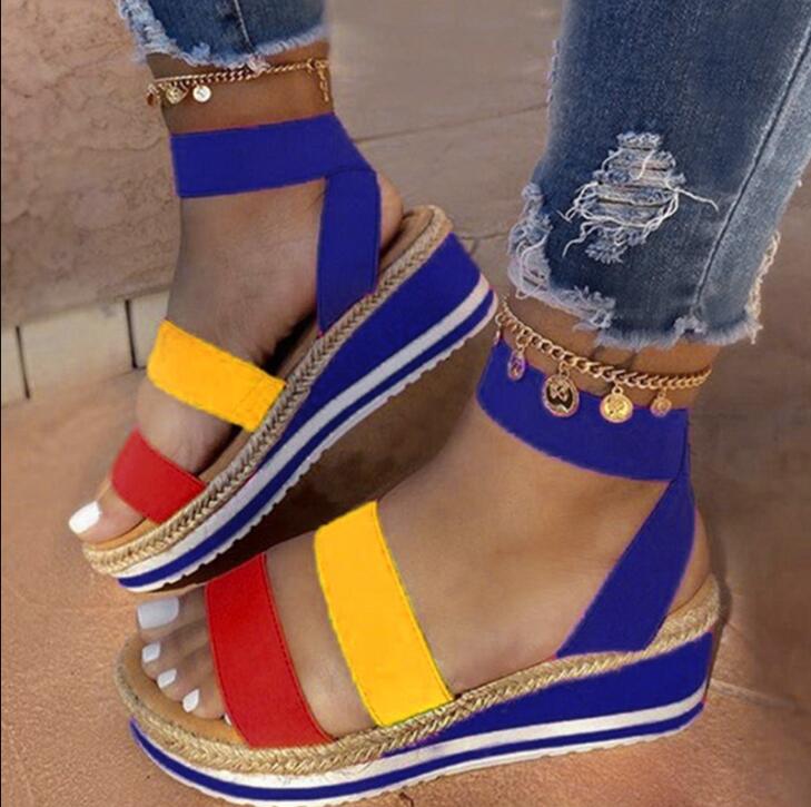 

Summer Sandals Women Wedges Platform Hemp Shoes Ladies Candy Color Casual Slippers Slip On Strap Cross Shoes Plus Size, Black