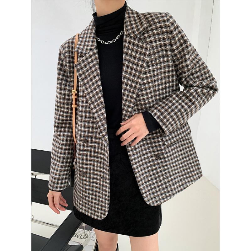 

2020 Autumn/Winter New simple fashion medium-length double-row button-down hairy platyp suit jacket woman, Black
