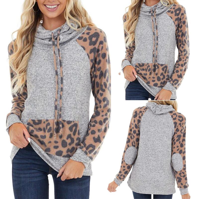 

Women's fashion hooded y sweater winter sexy leopard print stitching printing long-sleeved sports pile collar hooded sweater 50*, As the picture shows