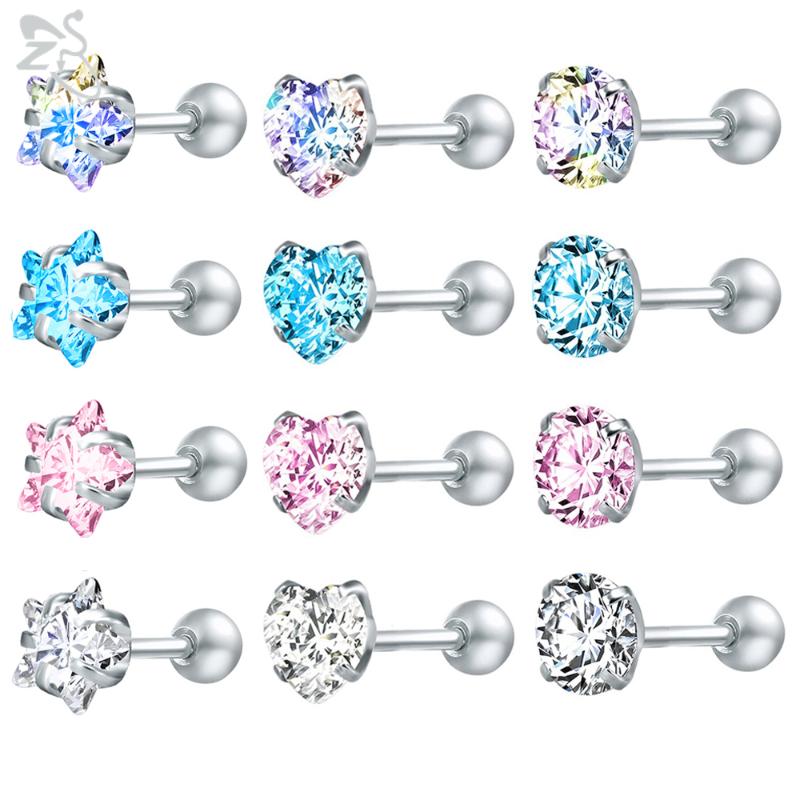 

ZS 4 Pairs 3-8mm Shiny Cubic Zirconia Stud Earring Set 316L Stainless Steel Ear Studs Ear Tragus Conch Cartilage Piercings