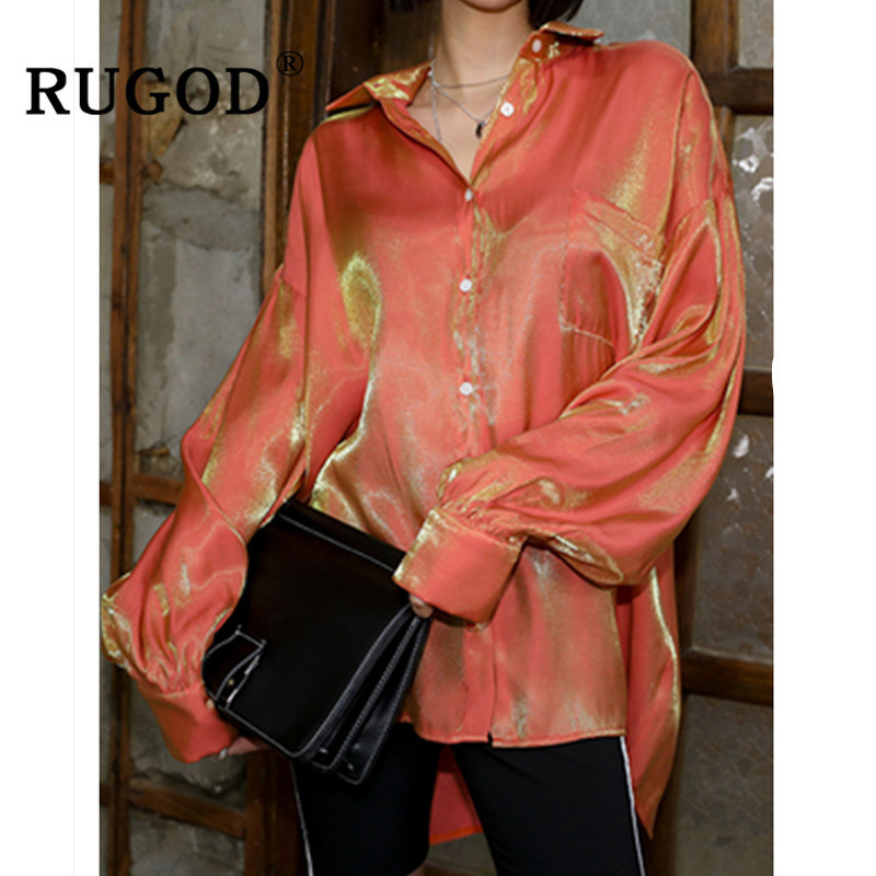 

RUGOD Vintage Gradient blouse women Elegant glossy long sleeve orange shirts ladies korean chic turn-down collar blouse and tops T200321