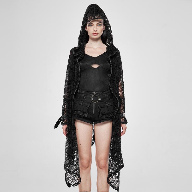

PUNK RAVE Women's Steampunk Gothic Net Cardigan Casual Loose Hooded Personality Long Jacket Coat, Black
