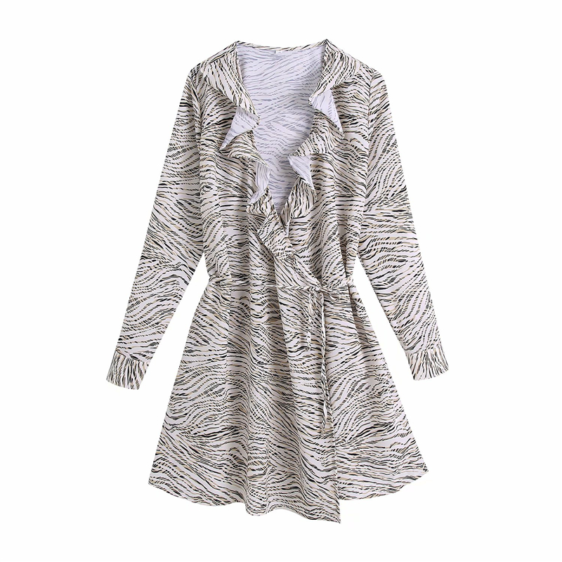 

2021 New Streetwear Women Zebra-stripe Printing Fashion Ladies Ruffles V-neck Vestidos Elegant Female Chic Asymmetric Es J0jz, Gray