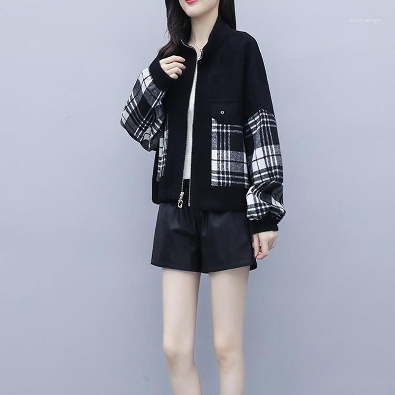 

2021 new women' clothing autumn and winter short Woolen coat Plaid stand collar coat1, Black