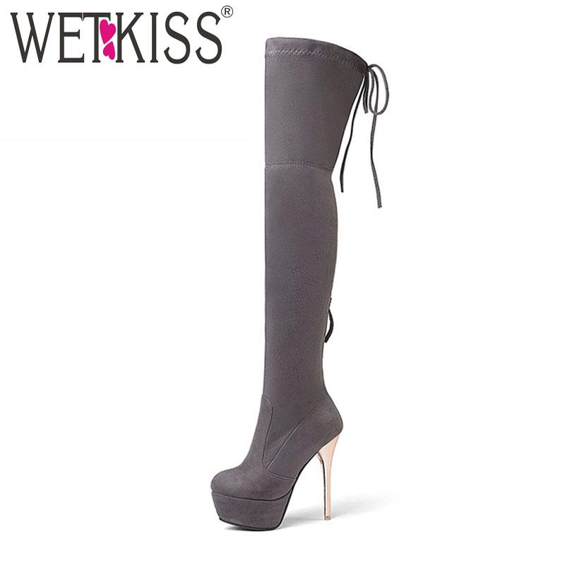 

WETKISS 2020 Latest Woman Over the Knee Boot Flock Stretch Long Boot Zipper Stiletto Platform Shoes Lady High Heels Big Size 43, Red