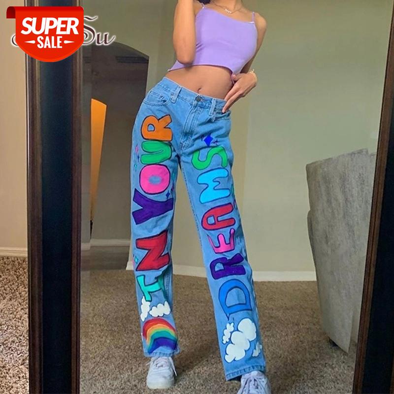 

ArtSu Cute Rainbow Letter Printing Harajuku Jeans Streetwear High Waist Y2K Pants Autumn Demin Long Trousers Kawaii PA52355 #fB3L, Black;white