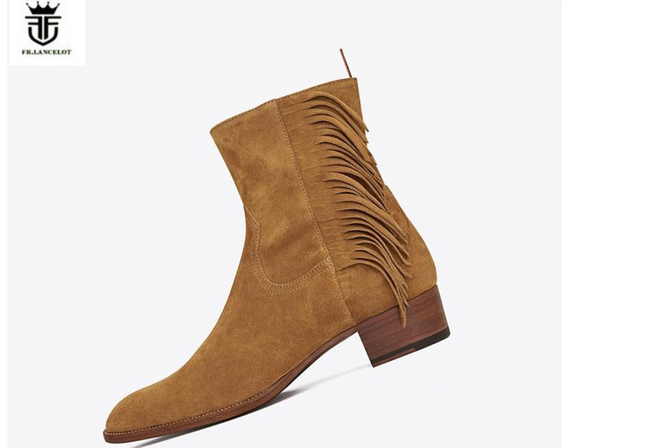

2020 new male boots men suede leather boots vintage Style tassel ankle shoes high top zip up men fringe boots, Brown