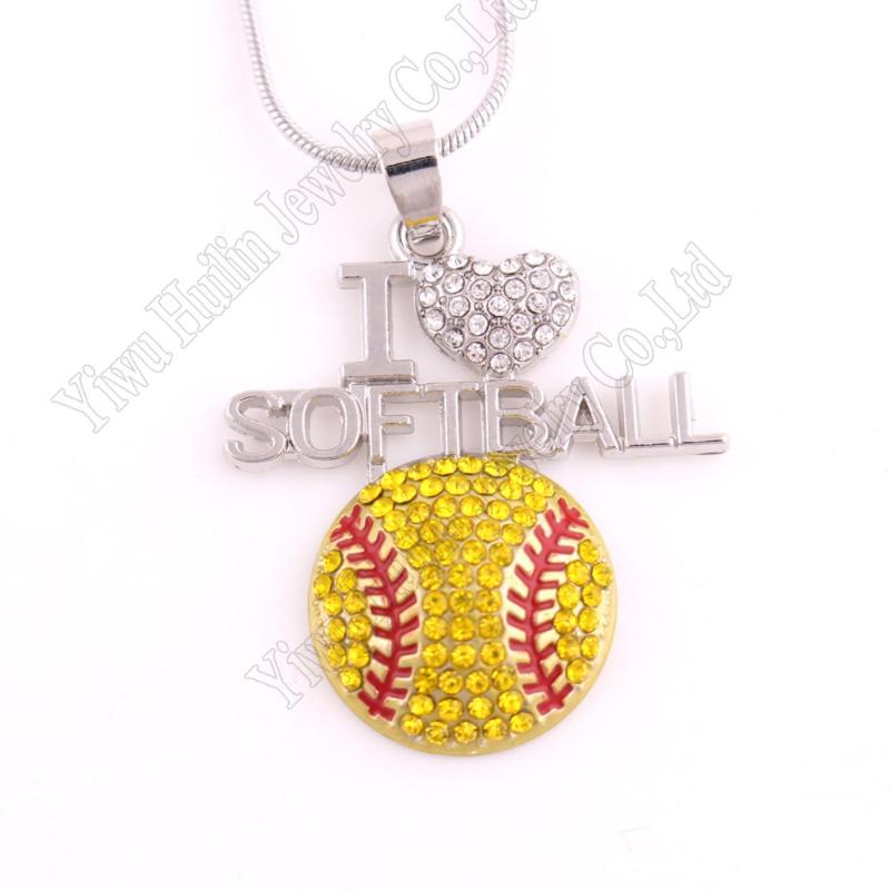 

rhodium plated zinc studded with crystals I LOVE SOFTBALL pendant necklace