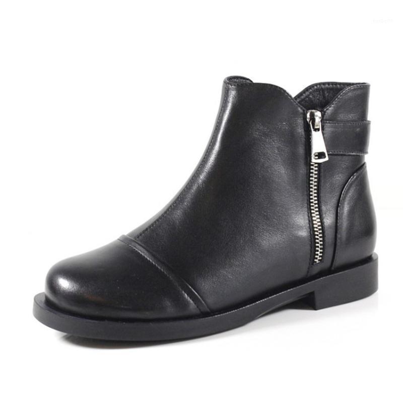 

Female Genuine Cow Full Grain Leather Woman Shoes Ankle Black Boots Zipper Low Heels Footwear Handmade Riding Normal Size 20201