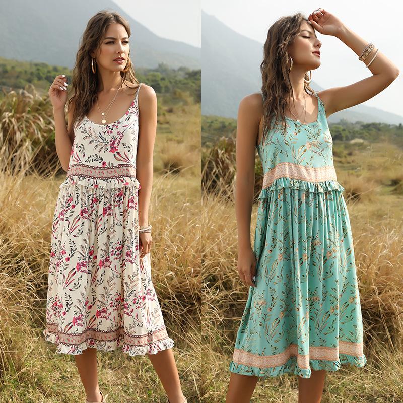 

Summer Boho Slip Dress Women 2020 Vintage Patchwork Floral Print Beach Ruffle Off Shoulder Midi Dresses Sundress Robe Vestidos, Beige
