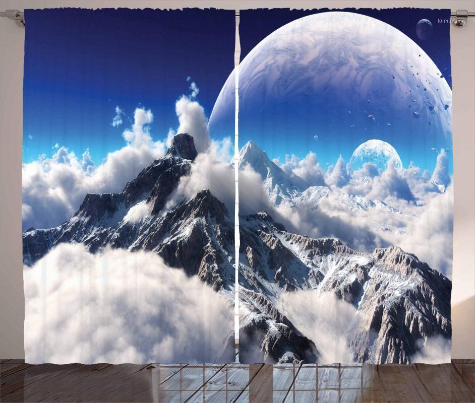 

Fantasy Curtains Celestial View of Snow Capped Mountains and Alien Planet Print Living Room Bedroom Window Drapes Navy Blue1, As pic