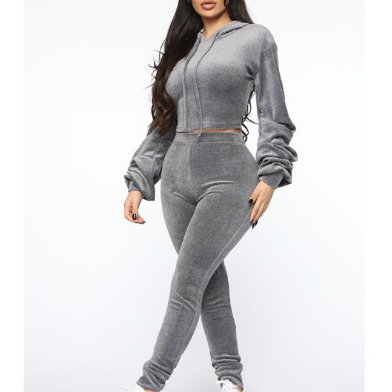 

2021 Women Casual Trainning Outfits Solid Hoodie Tops+Pants Two Pieces Tracksuits Long Sleeve Stretch Clothes Autumn Outfits, Red