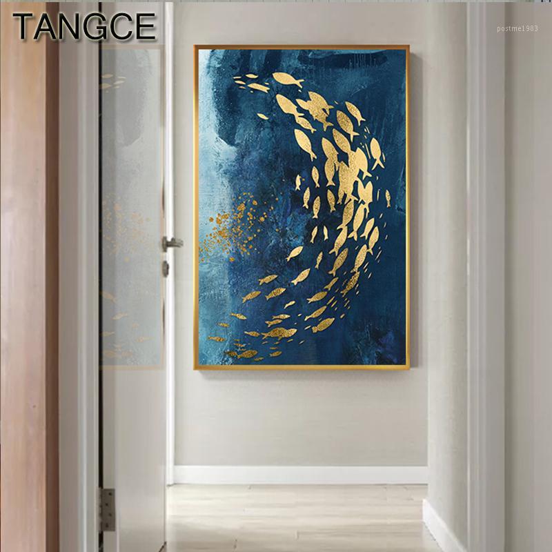 

Abstract Gold Fish Chinese Canvas Painting Big Blue Poster Print Luxurious Wall Art For Living room Aisle Gold tableaux Picture1