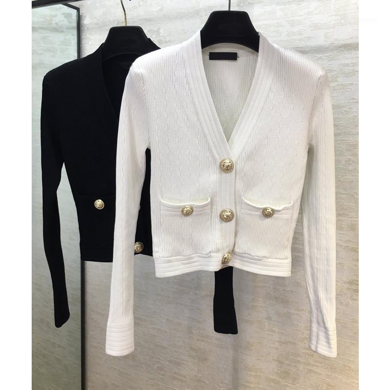 

4.11 2020 Spring Summer New Tailored V-neck long sleeve Metal Button Decoration Knitted Cardigan Coat1, Beige