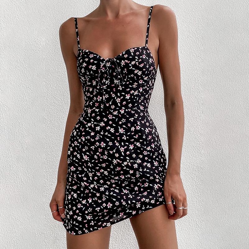 

Casual Dresses Chic Spaghetti Strap Black Floral Sundress Women Sleeveless V-Neck Mini Bodycon Dress Summer Ladies Sling Backless Vestido, Black;gray