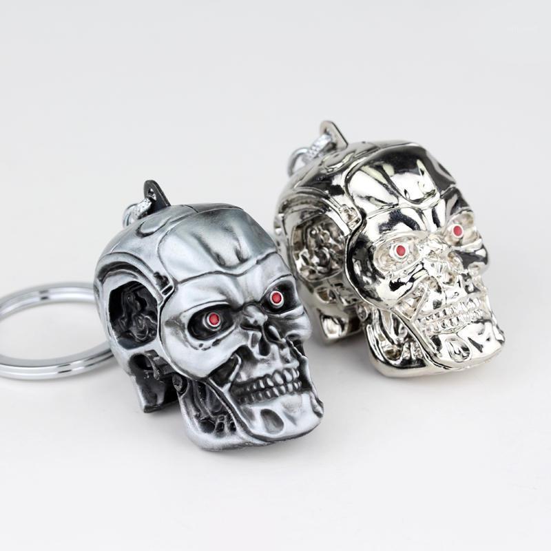 

Keychains 2 Color Movie Terminator Skull Shape Mechanical 3D Bright Silver Plated Metal Keychain Chaveiro Keyring Men Gift For Cars1